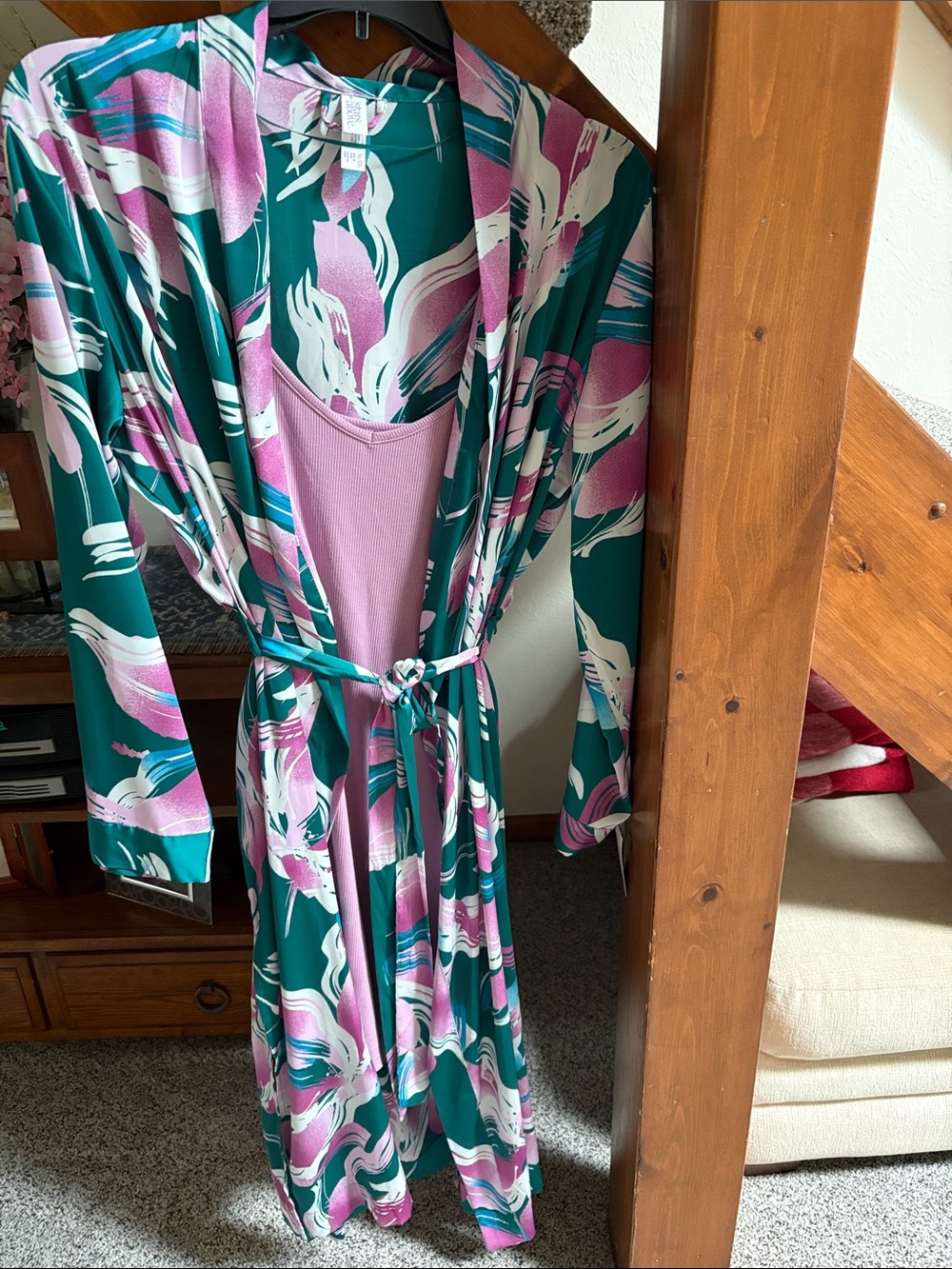 stars above Teal, Pink & White Floral Satin Robe with Matching cotton Slip
